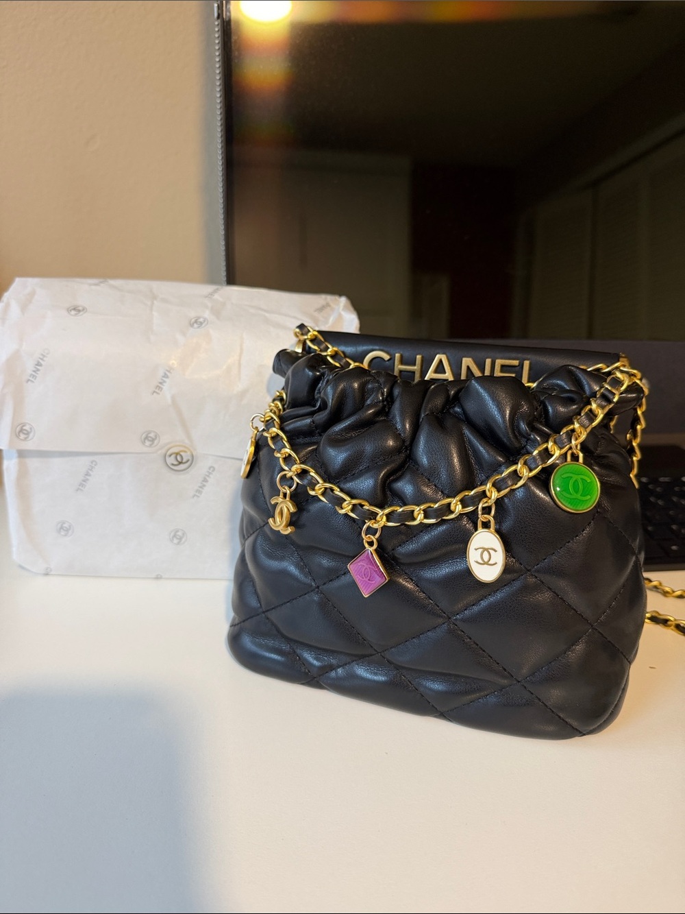 GWPCHANEL Black Quilted Leather Chain Crossbody Bag with Gold Charms
